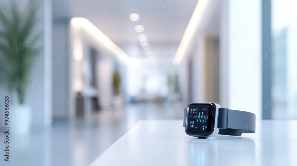 A sleek wearable health device on a clean white surface with blurred background of a hospital room healthcare tech in focus A sleek wearable health device on a clean white surface with blurred background of a hospital room healthcare tech in focus