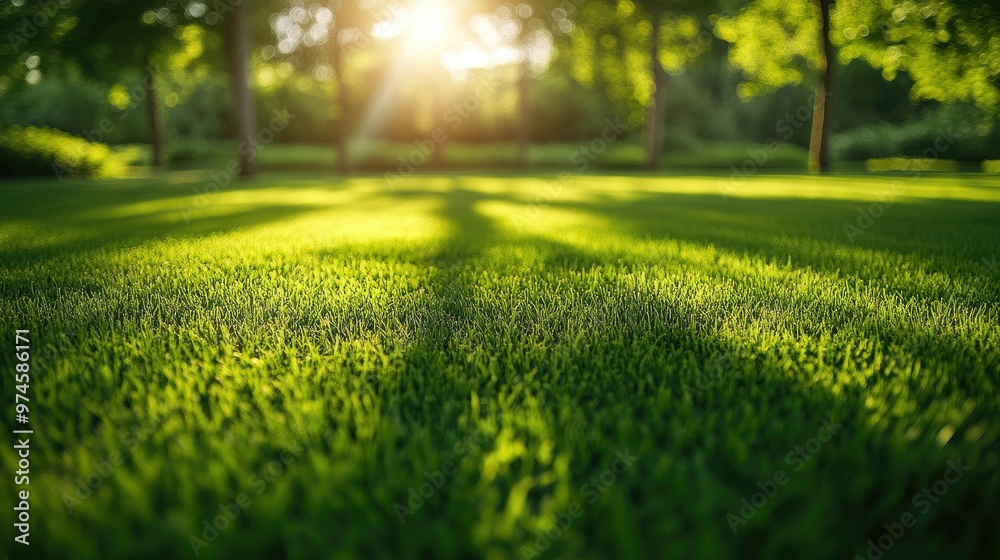 Perfectly maintained green grass lawn with short blades, evenly spaced and illuminated by soft natural light. Perfectly maintained green grass lawn with short blades, evenly spaced and illuminated by soft natural light.
