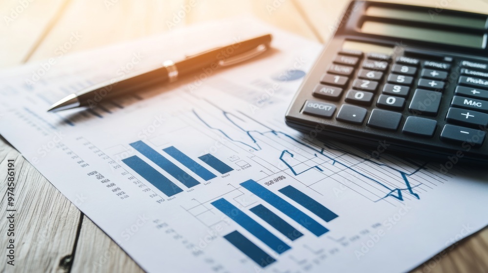 A flat lay of a printed financial report with charts and graphs, a calculator, and a pen placed neatly beside it, ready for analysis. A flat lay of a printed financial report with charts and graphs, a calculator, and a pen placed neatly beside it, ready for analysis.