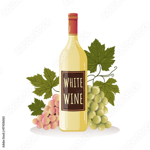 White wine Blanc bottle vector illustration with bunch of grapes and leaves isolated on white background green colourful detailed label poster card web bar menu cellar still life Alcohol drink glass