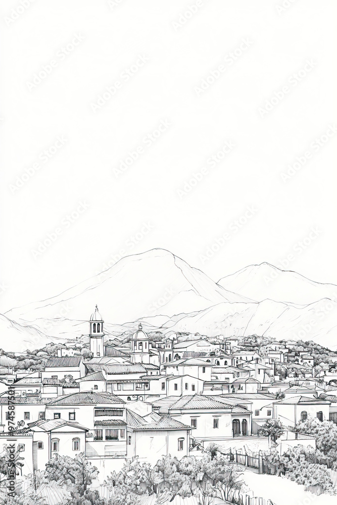 Fototapeta premium Basseterre, Saint Kitts, black and white pen pencil hand-drawn effect portrait drawing illustration for travel poster, card, wallpaper, backdrop or banner. Modern, clear, artistic and simple