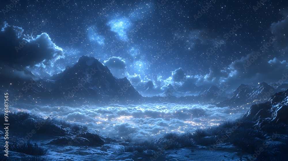 Fototapeta premium Bright stars scattered across a dark sky, with wisps of clouds creating a soft and dreamy atmosphere. The 3D elements give depth and realism to the fantasy-inspired night scene
