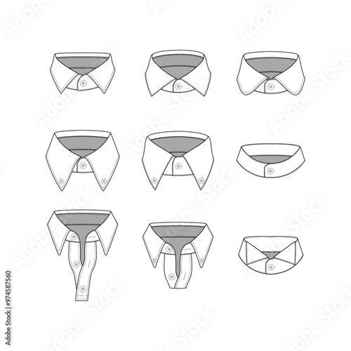Various types of collars for men's shirts.
A collection of neckbands and collars.
Hand-drawn collar and shirt neckline vector illustrations for clothing and fashion items.