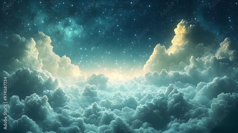 Twinkling stars and soft clouds fill a serene night sky, creating a calming and magical atmosphere. The 3D design adds depth and texture to the scene, making the sky feel vast and peaceful Twinkling stars and soft clouds fill a serene night sky, creating a calming and magical atmosphere. The 3D design adds depth and texture to the scene, making the sky feel vast and peaceful