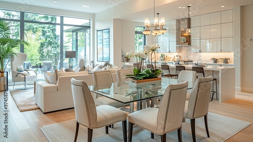 Modern Living Room with Dining Area and Kitchen Counter in the Background