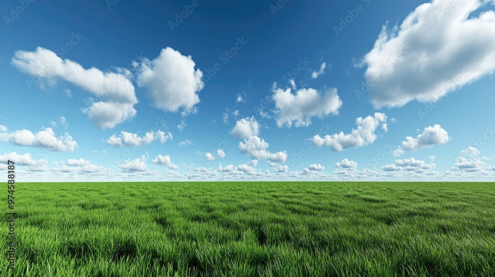 Fototapeta premium Rolling green grass field extending to the horizon, with light clouds drifting across a deep blue sky.