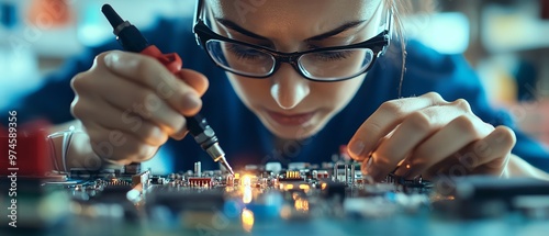 Engineer testing electronic circuit boards with precision tools, electronics quality control, component verification