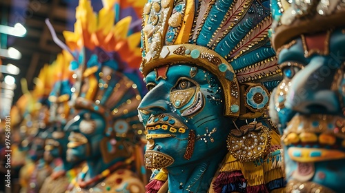 Colorful Samba parade floats at the Rio Carnival, with elaborate decorations and vibrant costumes that celebrate Brazilian culture. The scene captures the energy and creativity of one of the 