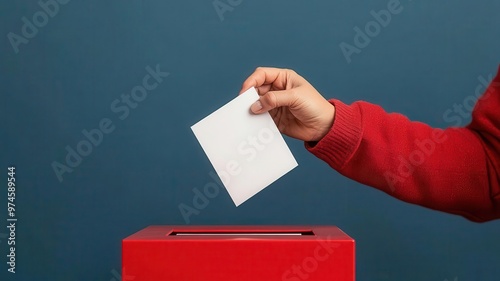 A hand casting a ballot into a red voting box against a blue background, symbolizing civic engagement and democratic participation.