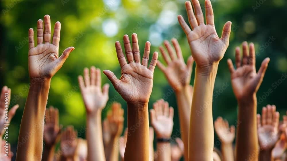 A close-up of a diverse group of hands raised in the air, symbolizing solidarity, activism, and collective action. A close-up of a diverse group of hands raised in the air, symbolizing solidarity, activism, and collective action.
