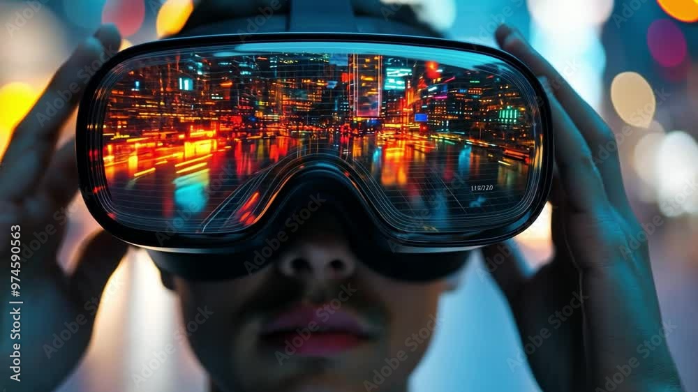 A close-up of a hand adjusting a VR headset, with digital reflections of a virtual world in the lenses, capturing the intersection of reality and technology. A close-up of a hand adjusting a VR headset, with digital reflections of a virtual world in the lenses, capturing the intersection of reality and technology.