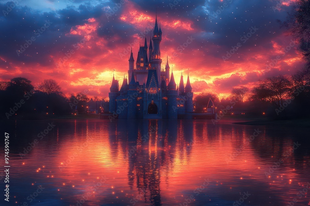 Naklejka premium enchanting fairy tale castle silhouetted against a vibrant dusk sky whimsical architecture with towering spires and turrets magical atmosphere with soft ethereal lighting and hints of sparkle