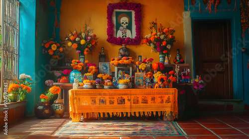 celebrando el dia de muertos en mexico con tradicion y cultura mexicana altar de muertos con ofrendas y decoracion colorida en casa de pueblo mexicano photo