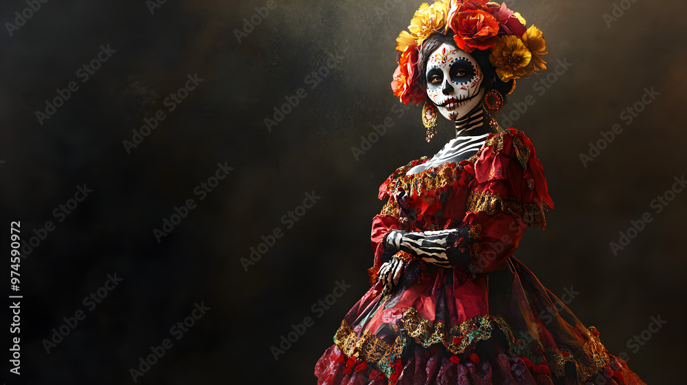 un fondo con espacio de copia con una mujer catrina elegante e imponente colorida en el dia de muertos en mexico un fondo con espacio de copia con una mujer catrina elegante e imponente colorida en el dia de muertos en mexico