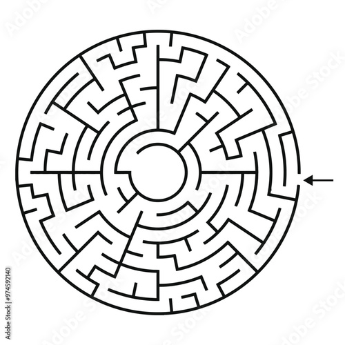 Round Maze Game for Adults and Kids - Simple Flat Vector Black and White Outline Illustration Background is White