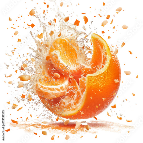 Exploding orange in dynamic motion on a transparent background. Bright orange fruit bursting with fresh juice and vibrant citrus energy. High-resolution isolated image perfect for vitamin C