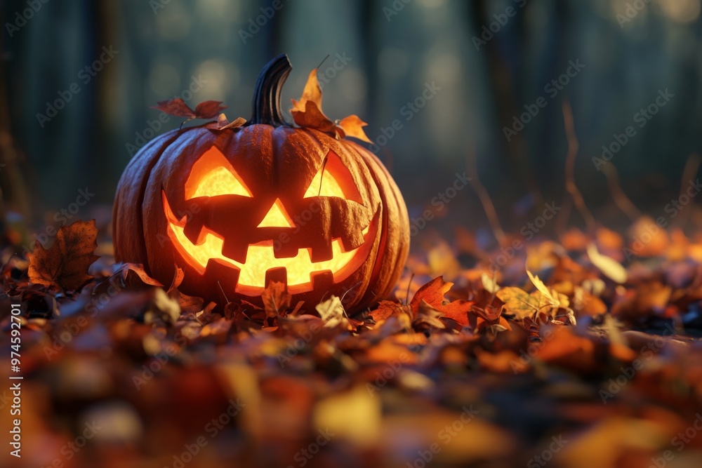 Glowing jack-o'-lantern in autumn leaves at dusk Glowing jack-o'-lantern in autumn leaves at dusk