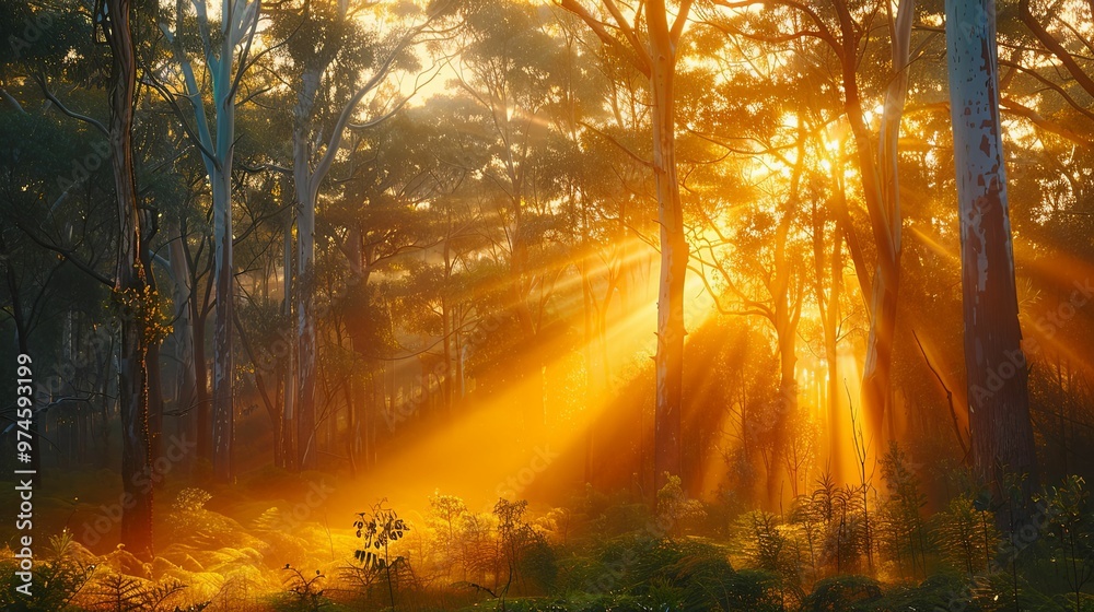 Naklejka premium Sunbeams Illuminating a Misty Forest at Dawn