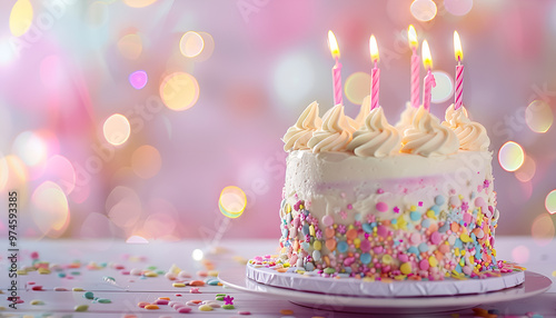 Pastel colors celebration birthday cake with pink sprinkles, pink birthday candles and sparklers