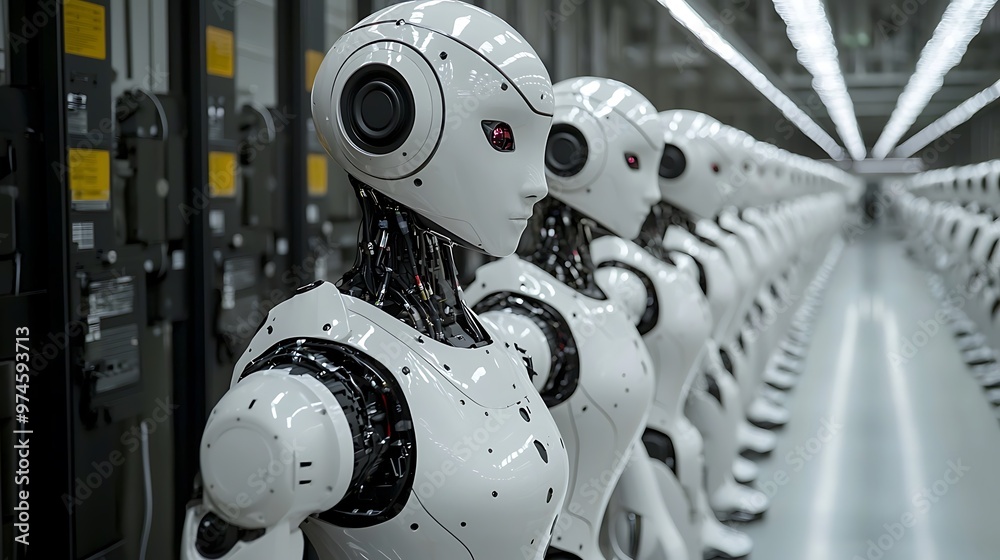 A row of white humanoid robots stands in a factory, ready for deployment in a high-tech future. A row of white humanoid robots stands in a factory, ready for deployment in a high-tech future.