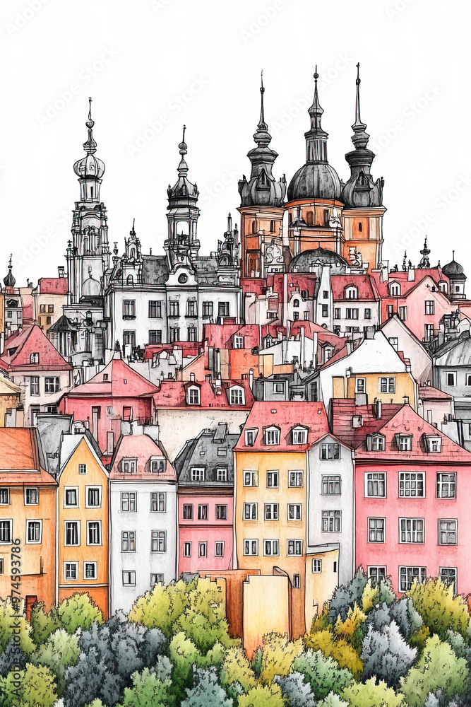 Obraz premium Biaystok, Poland, pen pencil hand-drawn effect portrait drawing illustration for travel poster, card, wallpaper, backdrop or banner. Modern, clear, artistic and simple