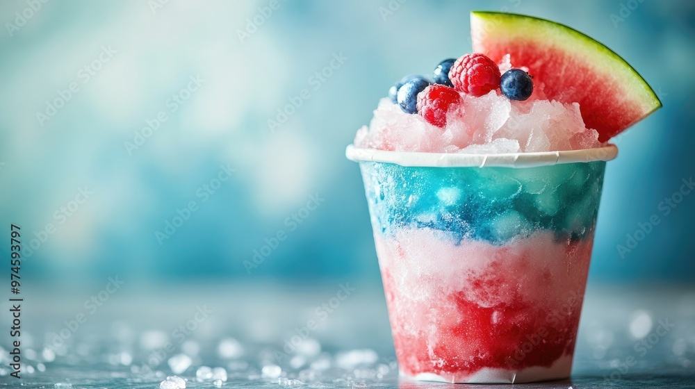 Shaved ice in a paper cup, with layers of watermelon, grape, and blue raspberry syrups, perfect for a hot summer day. Shaved ice in a paper cup, with layers of watermelon, grape, and blue raspberry syrups, perfect for a hot summer day.