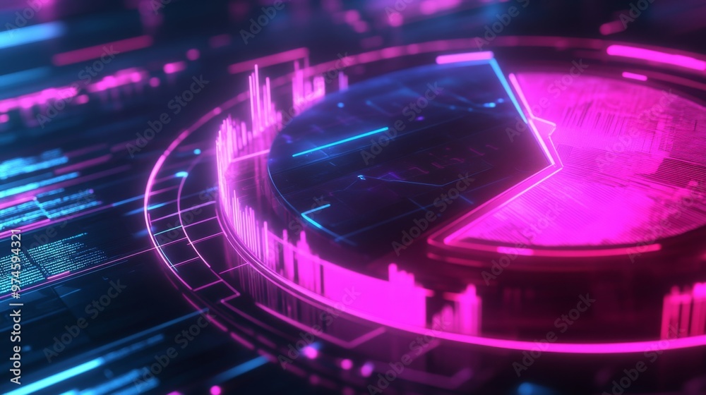 A futuristic 3D pie chart with glowing neon segments, rotating in a digital space, symbolizing modern data visualization and business analytics. A futuristic 3D pie chart with glowing neon segments, rotating in a digital space, symbolizing modern data visualization and business analytics.