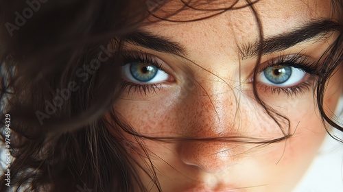 A detailed close-up capture focusing on the curly dark hair of a person, with the face intentionally blurred, emphasizing the texture and movement of the hair. photo