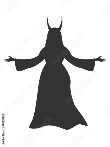 Vector silhouette of a witch with goat horns in a dress for Halloween decoration. Witches' Sabbath