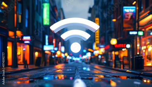 Illuminated City Streets Showcasing the Pervasiveness and Convenience of WiFi and Technology in Urban Life photo