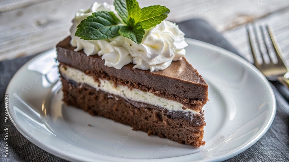 A slice of cake with whipped cream and mint leaves on top. The cake is placed on a white plate
A slice of cake with whipped cream and mint leaves on top. The cake is placed on a white plate