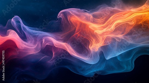 Swirling smoke in shades of blue, red, and yellow dances against a black background, forming a dynamic abstract pattern.