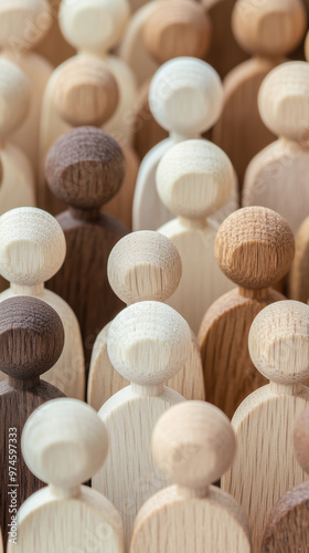 Wooden figures representing people with distinct faces create unique visual