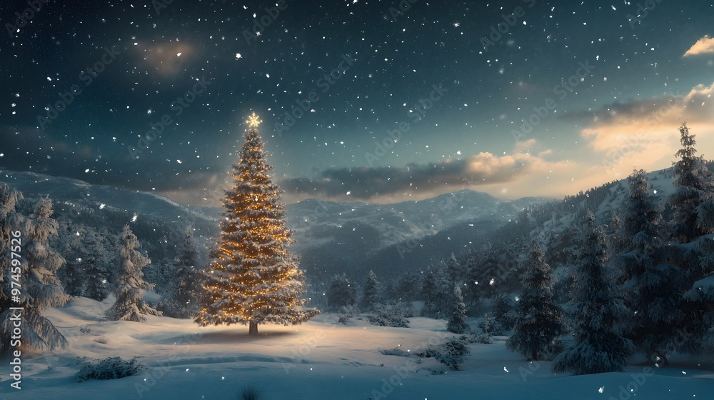 Naklejka premium A snowy landscape with a tall, decorated Christmas tree standing in the center of the frame, surrounded by snow-covered trees and hills under a starry sky