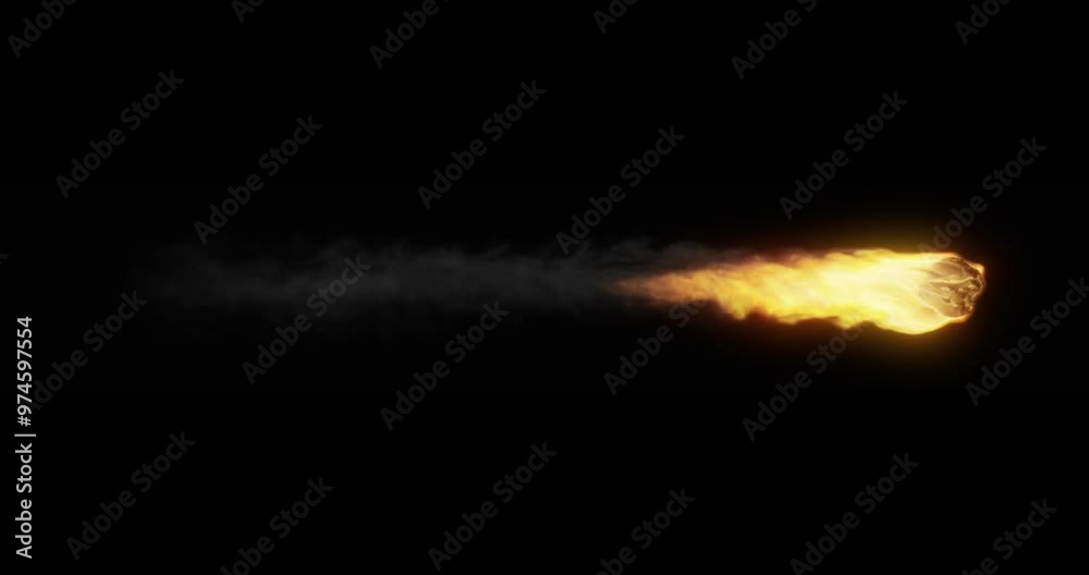 A glowing fireball streaks across a black background, leaving a trail of flames and smoke. The fiery motion is dynamic and intense, ideal for visual effects, sci-fi, or action projects. Seamless loop.