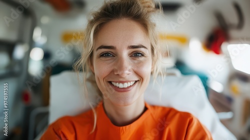 A vibrant, smiling woman in orange rescue gear exudes positivity and readiness as she stands aboard a rescue vehicle, suggesting lively energy and action readiness. photo