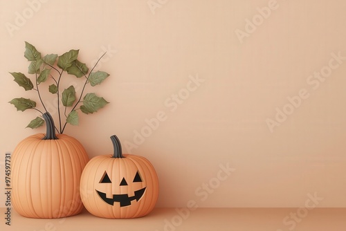Charming autumn scene featuring two pumpkins and greenery against a warm, neutral background, perfect for Halloween decor.
