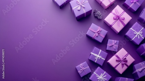 Featuring purple ribbons and a writable side, these purple gift boxes are perfect as a background for birthdays, anniversaries, weddings, and other festive occasions. photo