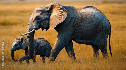 A wildlife photo of a mother elephant leading her calf through the savannah, showcasing the deep bond and guidance in the animal kingdom. photo