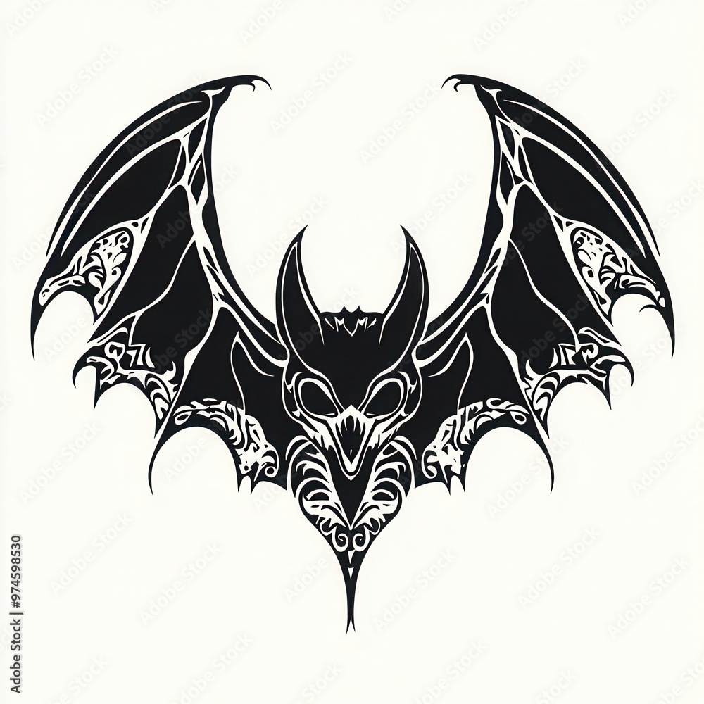 Artistic black and white illustration of a bat with intricate patterns, perfect for Halloween or gothic themes.