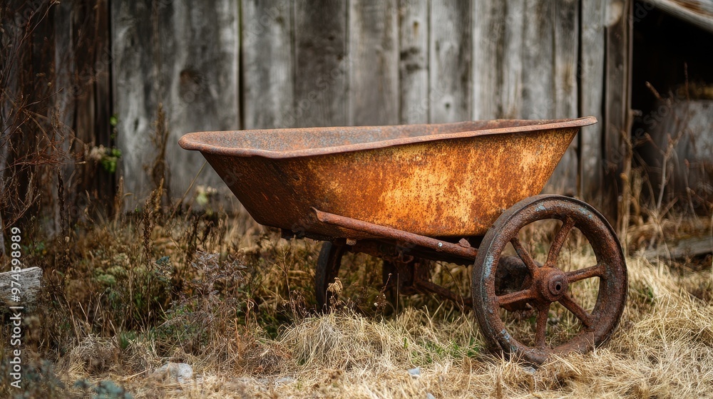 Rustic Wheelbarrow in the Countryside Tucked Behind an Old Wooden Barn Rustic Wheelbarrow in the Countryside Tucked Behind an Old Wooden Barn