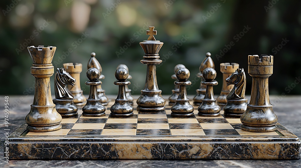 Wooden chess pieces sit on a luxurious marble chessboard, set against a green background for a refined and strategic setting. Wooden chess pieces sit on a luxurious marble chessboard, set against a green background for a refined and strategic setting.