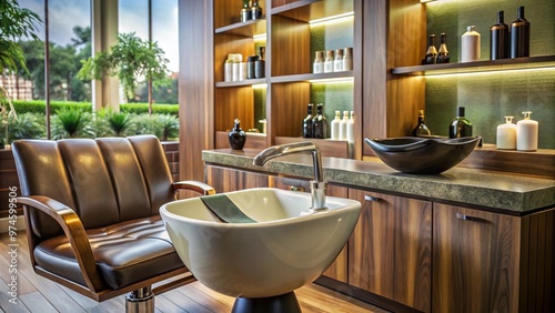 Luxurious salon ambiance with sleek equipment and elegant decor, a shampoo bowl with running water and a partially filled bottle of shampoo in the background. photo