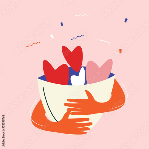 Hugging heart. Hug yourself. Love yourself vector flat illustration.