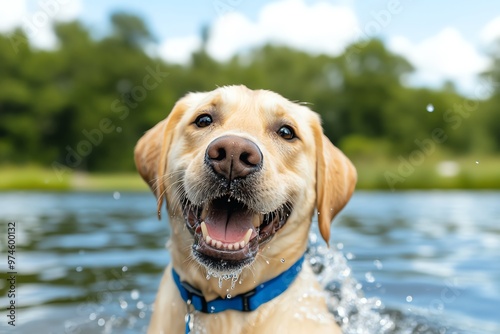 A Labrador Retriever joyfully shaking off water after a fun swim in a lake photo