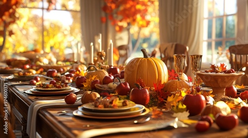 Thanksgiving Feast: A Cozy 3D Scene with Pumpkins, Apples & Fall Leaves