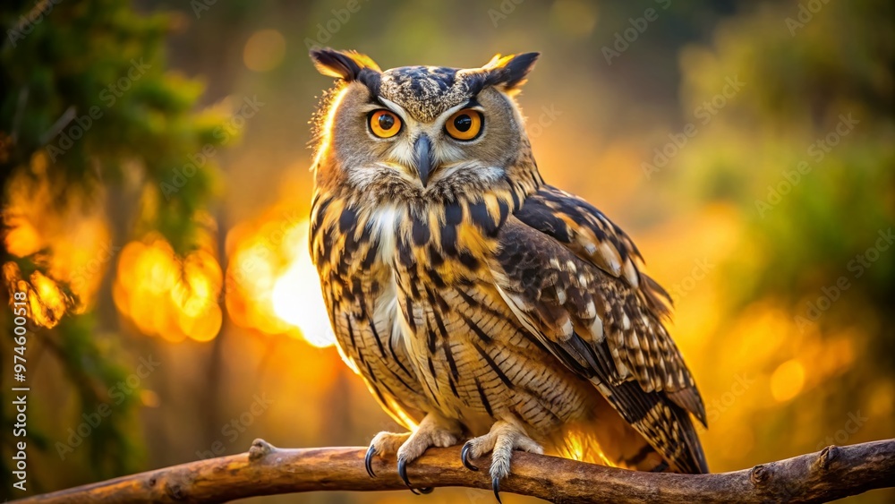 Majestic African Eagle Owl perched on a branch, soft feathers glisten in warm light, piercing yellow eyes gaze intently, wise and powerful in stillness. Majestic African Eagle Owl perched on a branch, soft feathers glisten in warm light, piercing yellow eyes gaze intently, wise and powerful in stillness.
