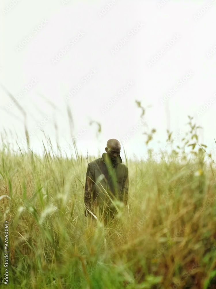 A man in a dark green jacket and hat, walking through tall grass, blurred by the camera's movement. A man in a dark green jacket and hat, walking through tall grass, blurred by the camera's movement.