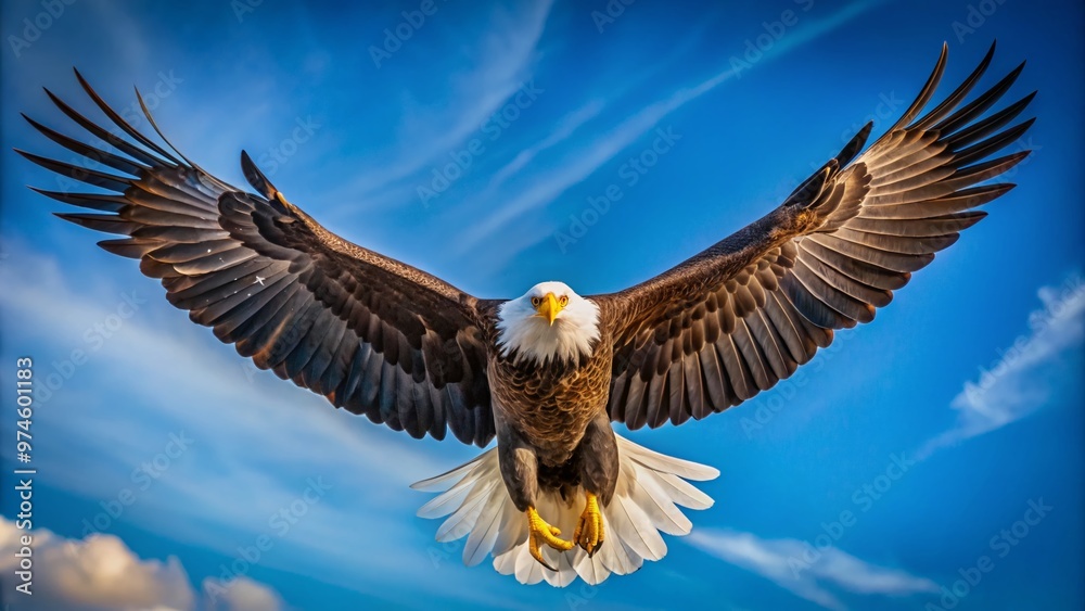 Majestic bald eagle soars through a clear blue sky, wings outstretched, feathers glistening in the sunlight, symbolizing freedom and power in the American wilderness. Majestic bald eagle soars through a clear blue sky, wings outstretched, feathers glistening in the sunlight, symbolizing freedom and power in the American wilderness.