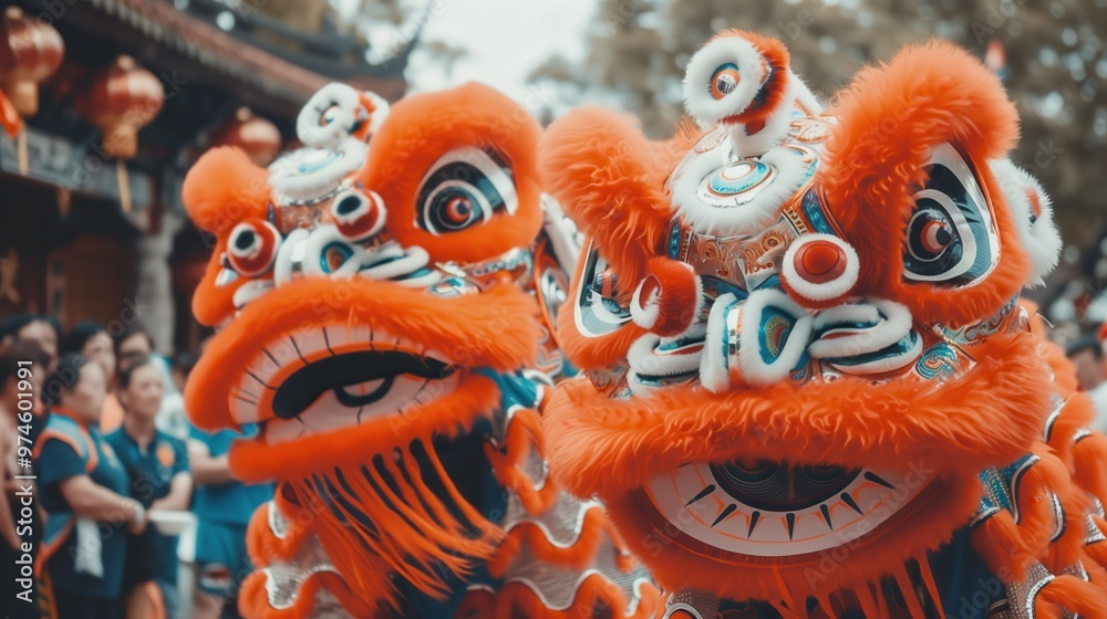 Fototapeta premium Vibrant orange dragon dance performance during a traditional festival with detailed costumes and enthusiastic crowd in background.